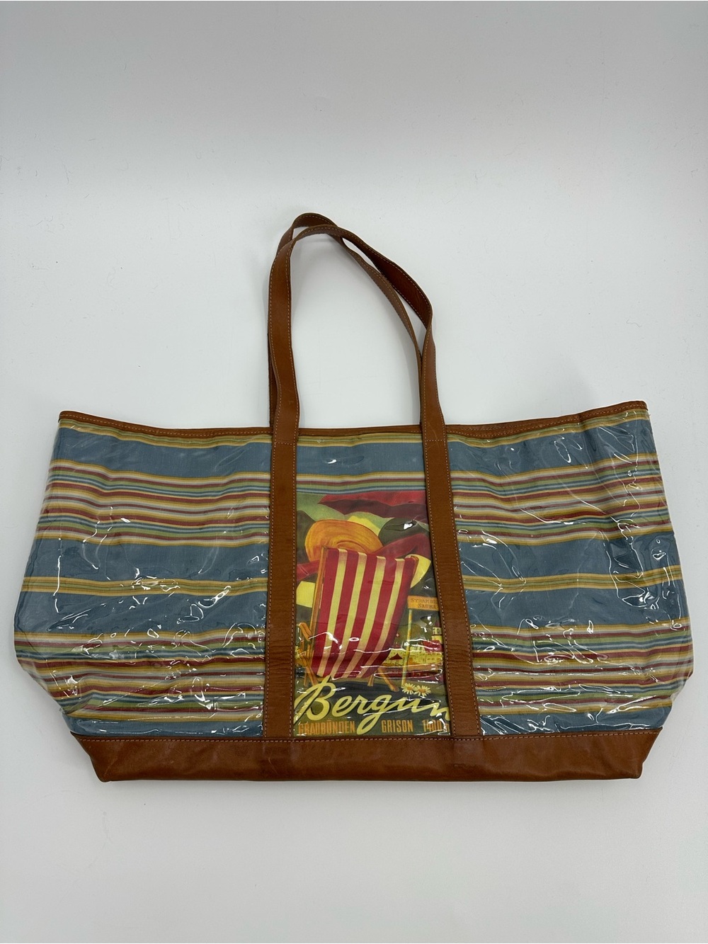 Clever Carriage Company Striped Clear Tote with Leather Trim and Bergun Graphic